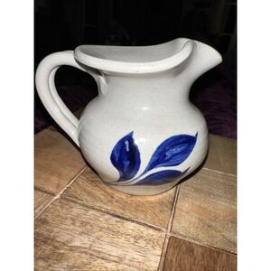 VTG 2009 Williamsburg Pottery Blue Salt Glaze Leaf Mini Creamer Pitcher Jug